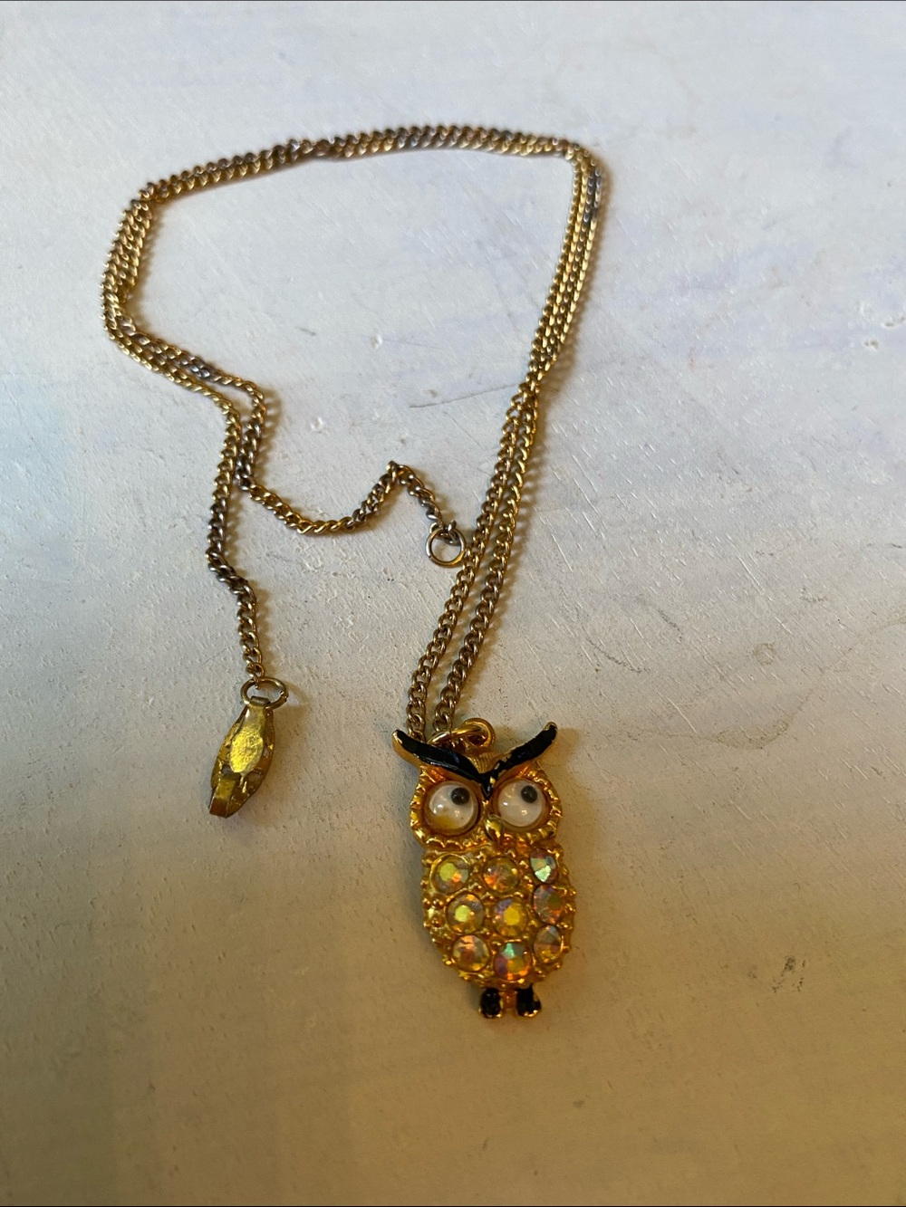 Whimsical Rolling Googly Eyed Rhinestone studded Owl pendant necklace 1960’s